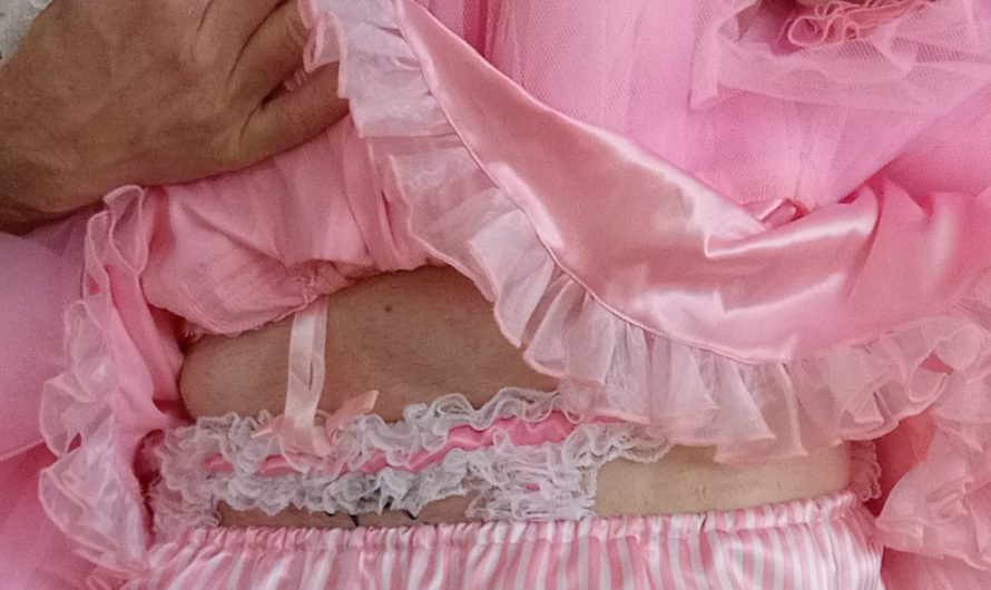Sissy showing off her pink panties, stockings and suspenders