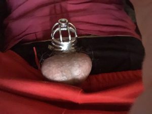 Sissy clit all caged up but too small for the chastity device