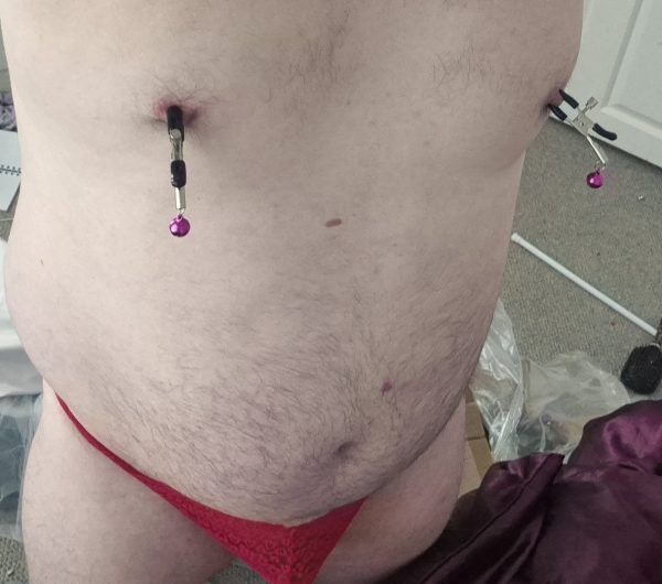 Sissy cuck humiliation in red thongs and nipple clamps